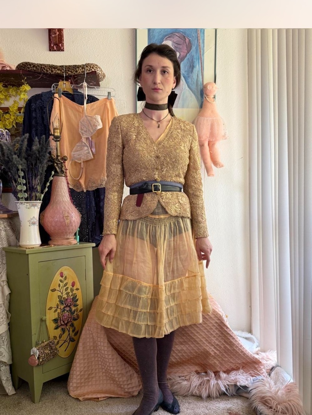 Vintage 90s Tailored Gold Lace Button Down Top Small - Picture 5 of 6